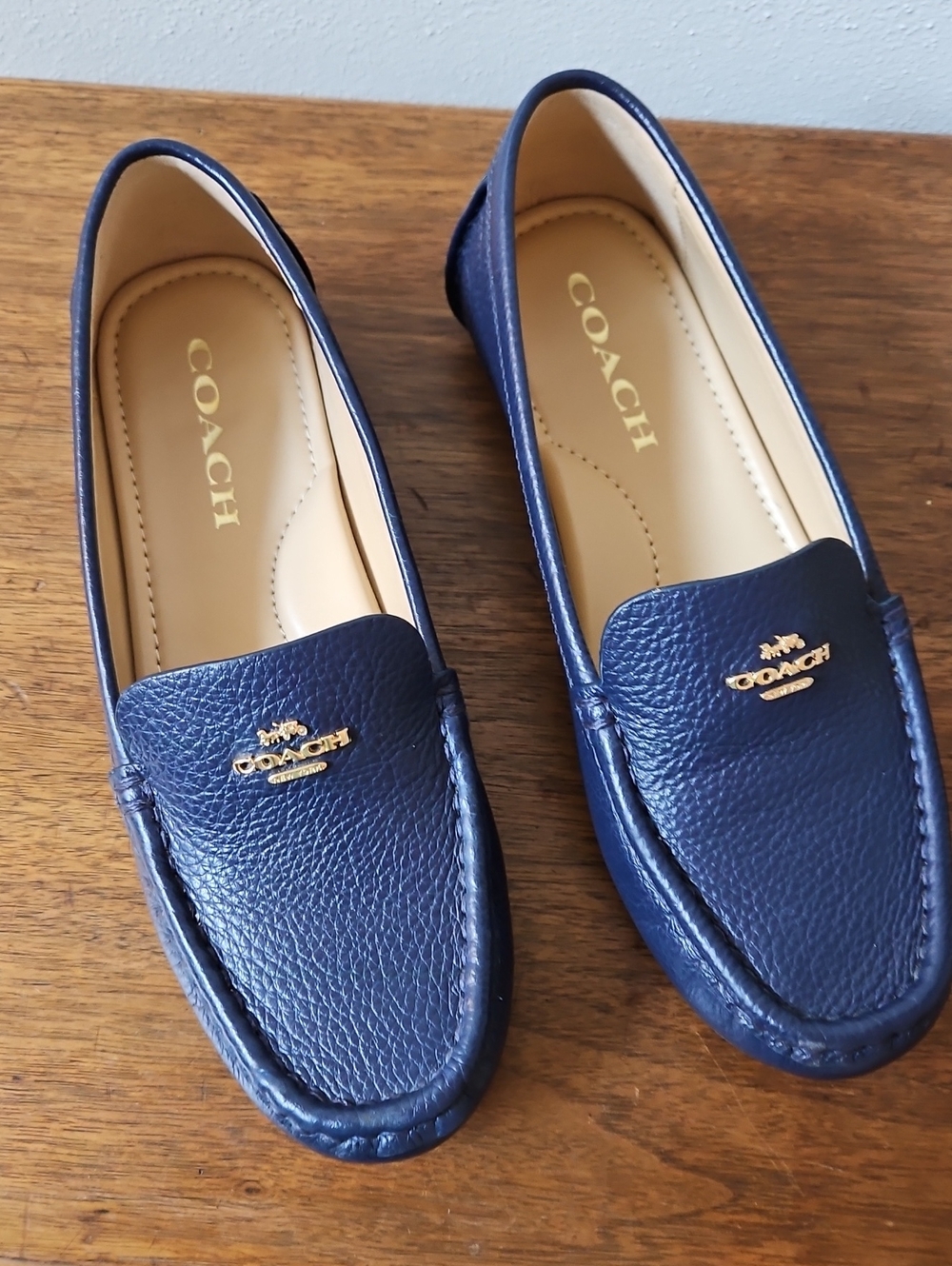 Coach Navy Leather Druving Mocs with Gold Logo